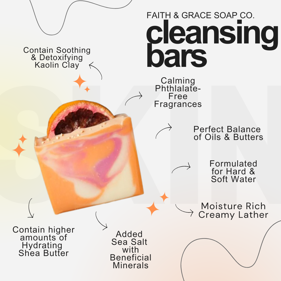 Faith & Grace Soap Co. cleansing bars with product details on a light background